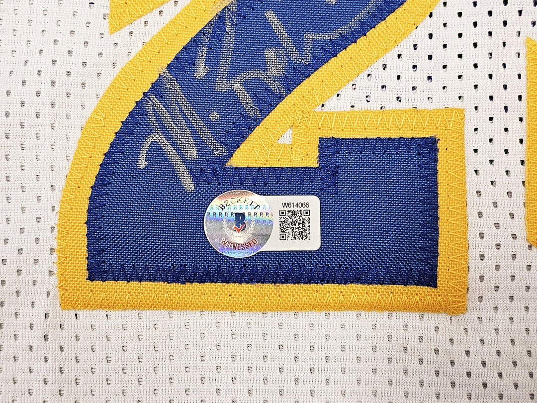 Warriors Chris Mullin, Tim Hardaway & Richmond Auto White Jersey Run TMC HOF BAS
