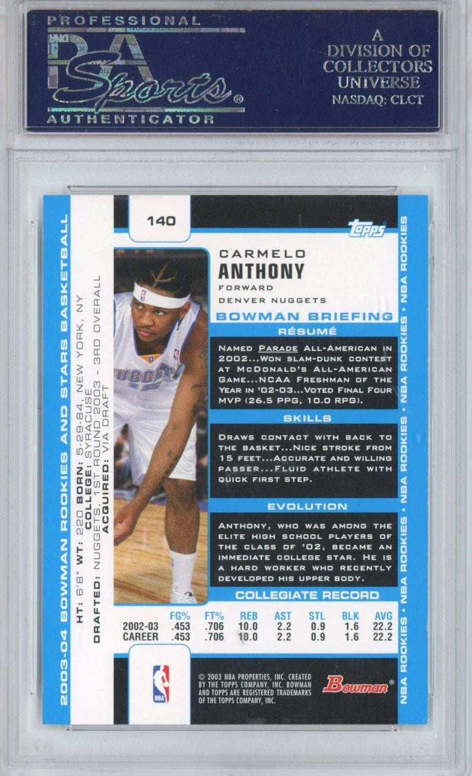 Graded 2003-04 Bowman RCs & Stars Carmelo Anthony #140 RC Card PSA 10