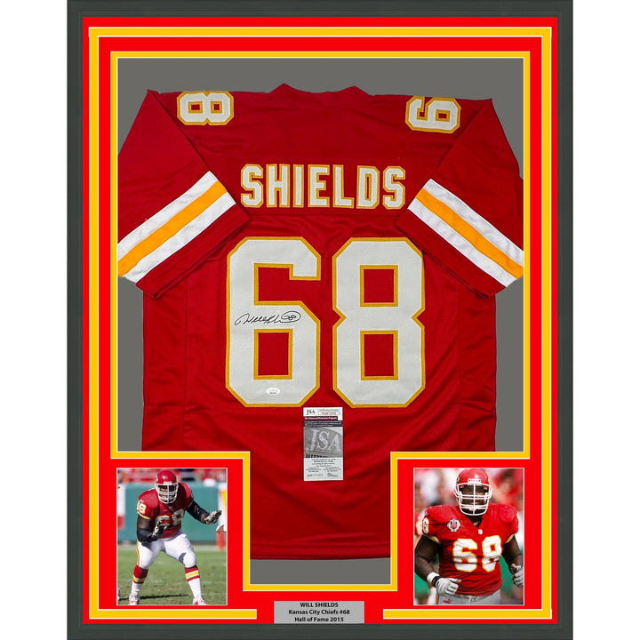 Framed Autographed/Signed Will Shields 35x39 Kansas City Red Jersey JSA COA