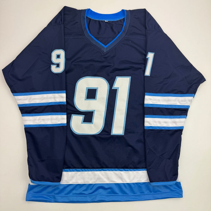 Autographed/Signed Cole Perfetti Winnipeg Blue Hockey Jersey Beckett COA