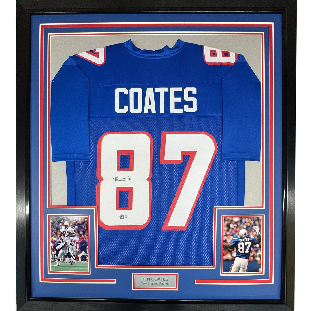 Framed Autographed/Signed Ben Coates 35x39 New England Blue Jersey BAS COA