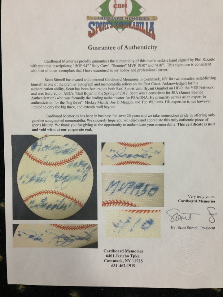 Phil Rizzuto Signed Baseball Tie Ins Mvp 1950 Hof 94 Scooter Autograph Cbm Coa