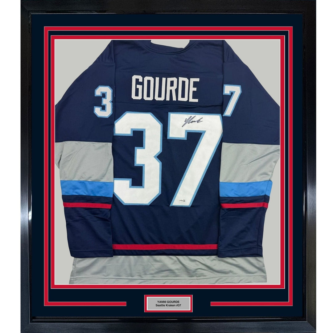 Framed Autographed/Signed Yanni Gourde 35x39 Seattle Blue Jersey JSA COA