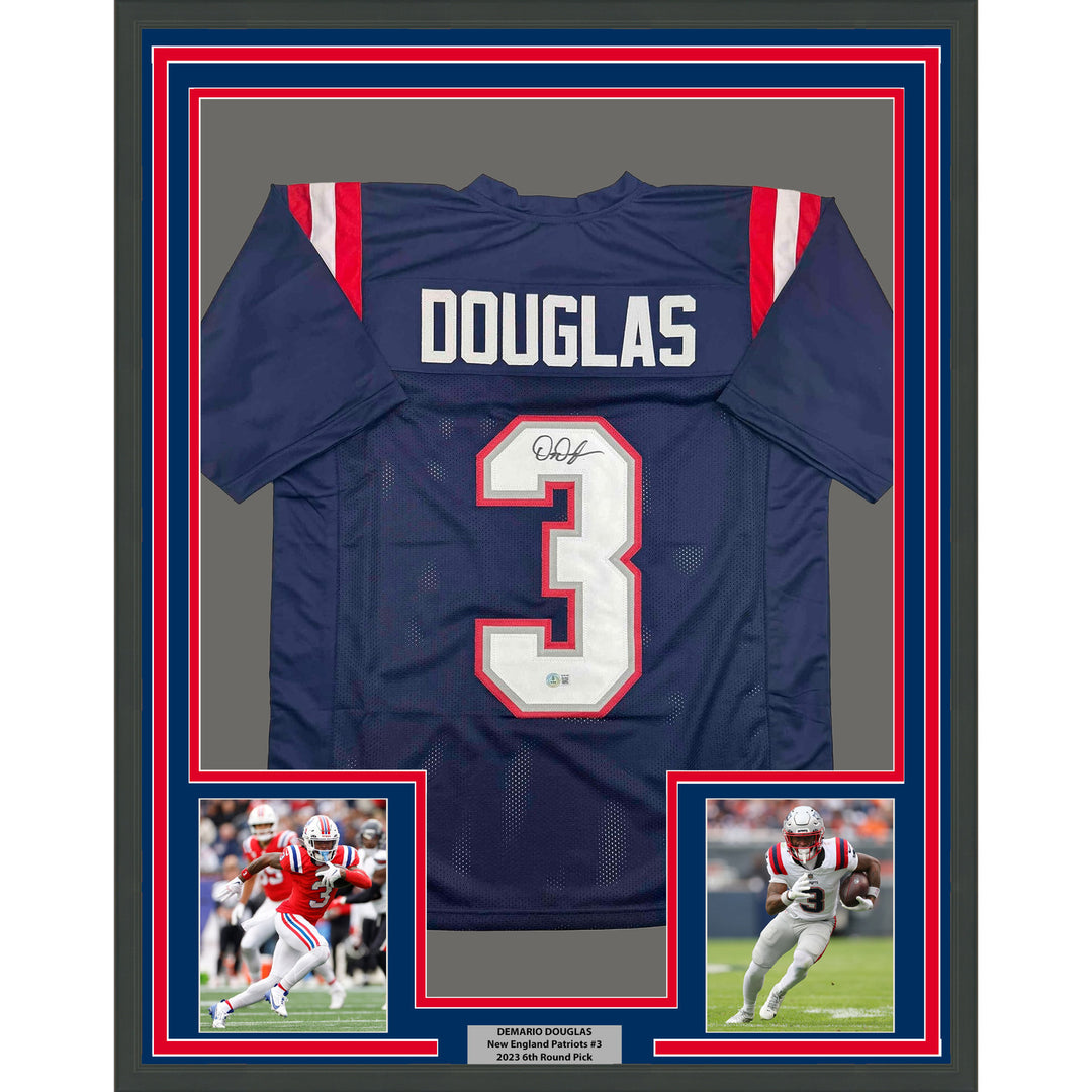 Framed Autographed/Signed DeMario Douglas 35x39 New England Blue Jersey BAS COA