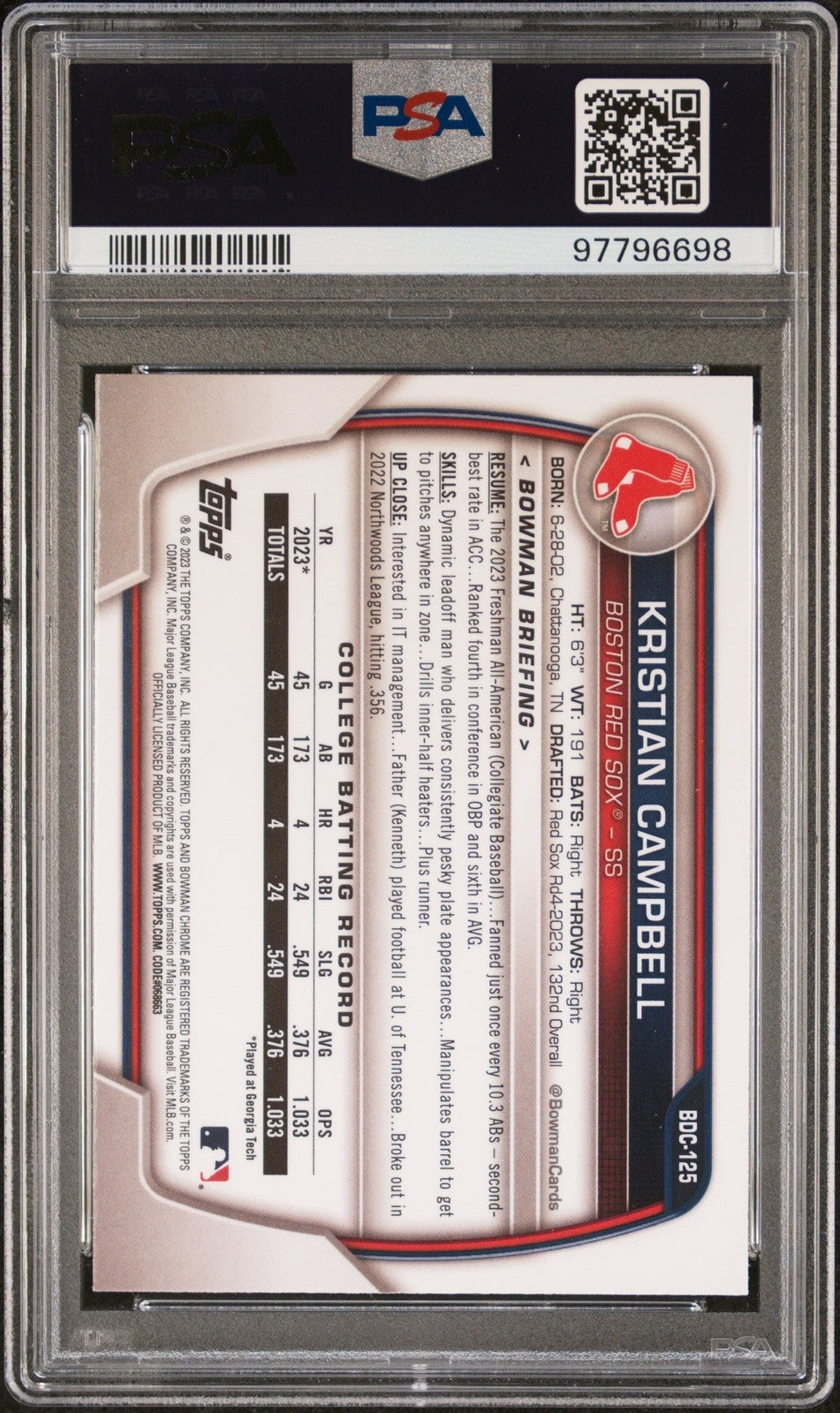 Graded 2023 Bowman Draft Kristian Campbell #BDC125 Chrome Card PSA 10