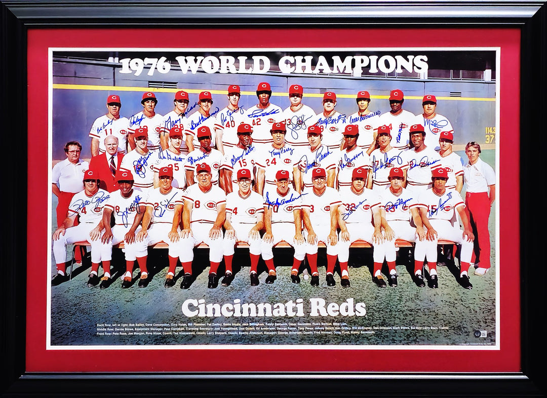 1976 Cincy Reds Big Red Machine Team Signed Framed 24x36 Poster With 27 Sigs BAS