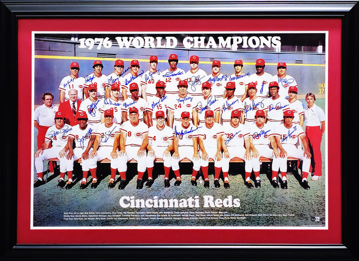 1976 Cincy Reds Big Red Machine Team Signed Framed 24x36 Poster With 27 Sigs BAS
