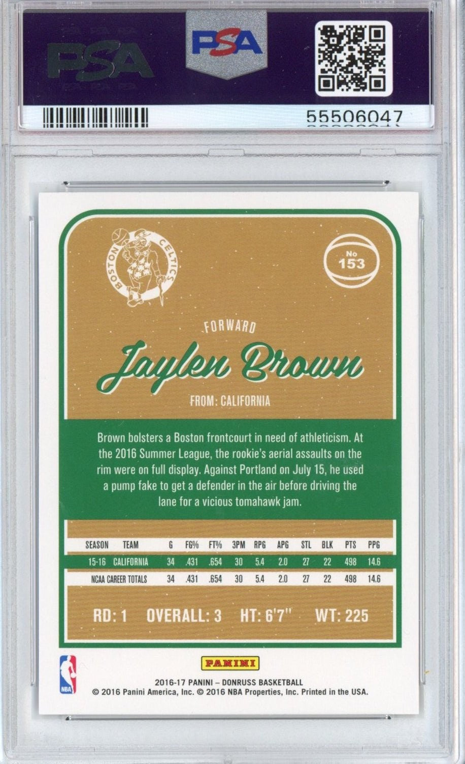 Graded 2016-17 Panini Donruss Jaylen Brown #153 Rookie Card PSA 10