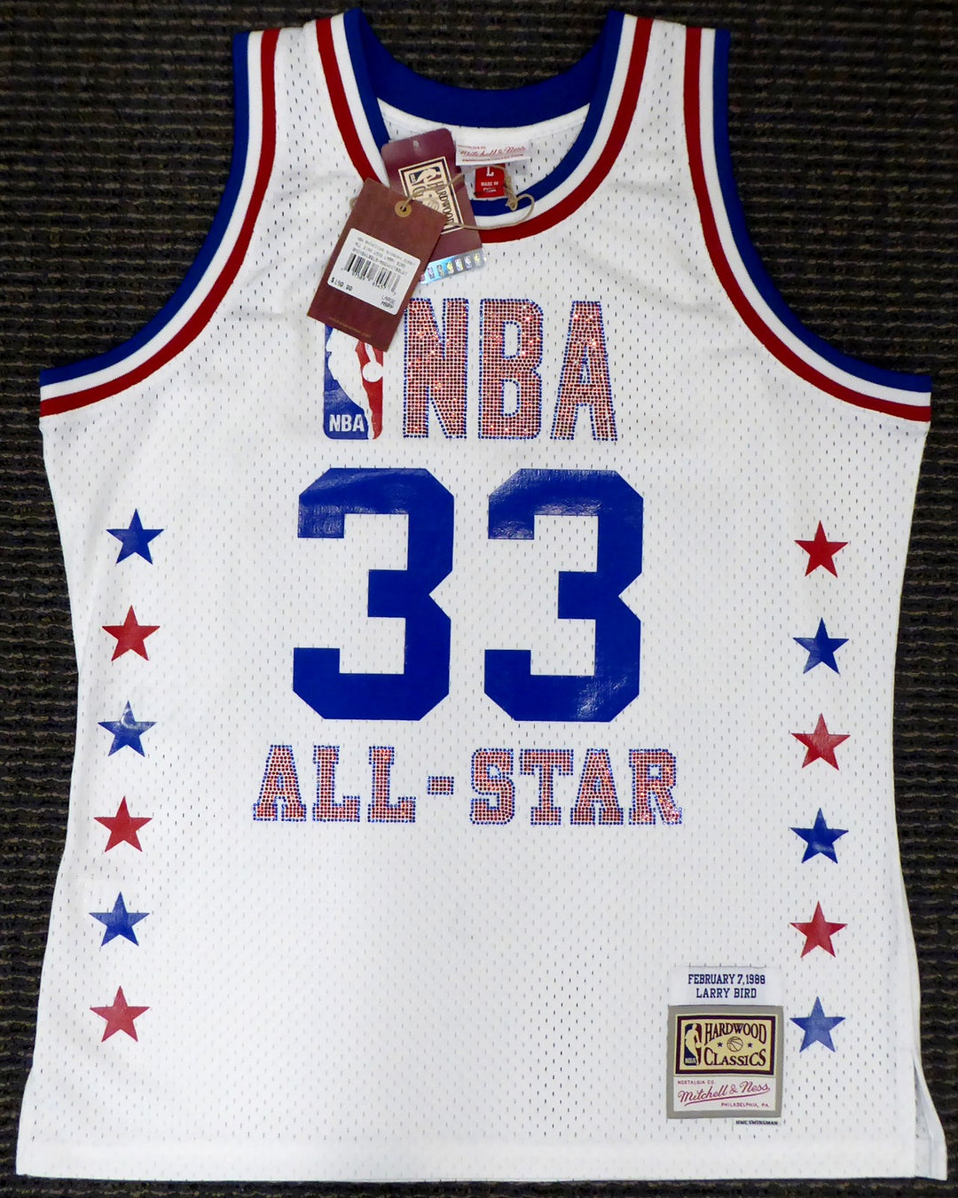 Celtics Larry Bird Auto White MitchellNess 1988 ASG Rhinestone Swingman Jersey L