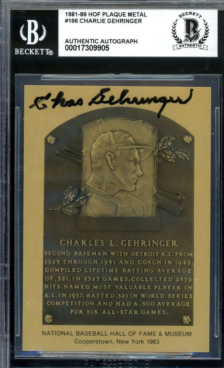Charlie Gehringer Beckett BAS Signed 1981Metallic Hall Of Fame Plaque Autograph