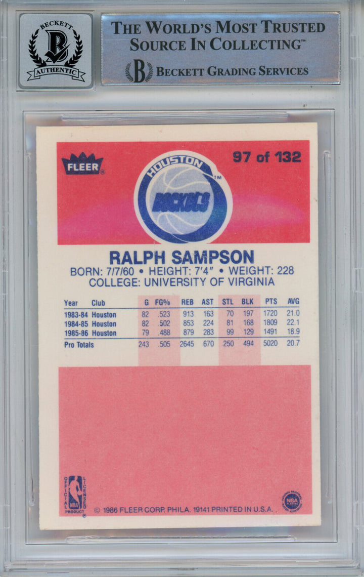 Ralph Sampson Signed 1986-87 Fleer #97 Rookie Card Beckett 10 Slab 42931