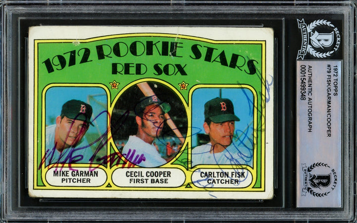 Carlton Fisk, Cecil Cooper & Mike Garman Auto Signed 1972 Topps Card 79 Beckett
