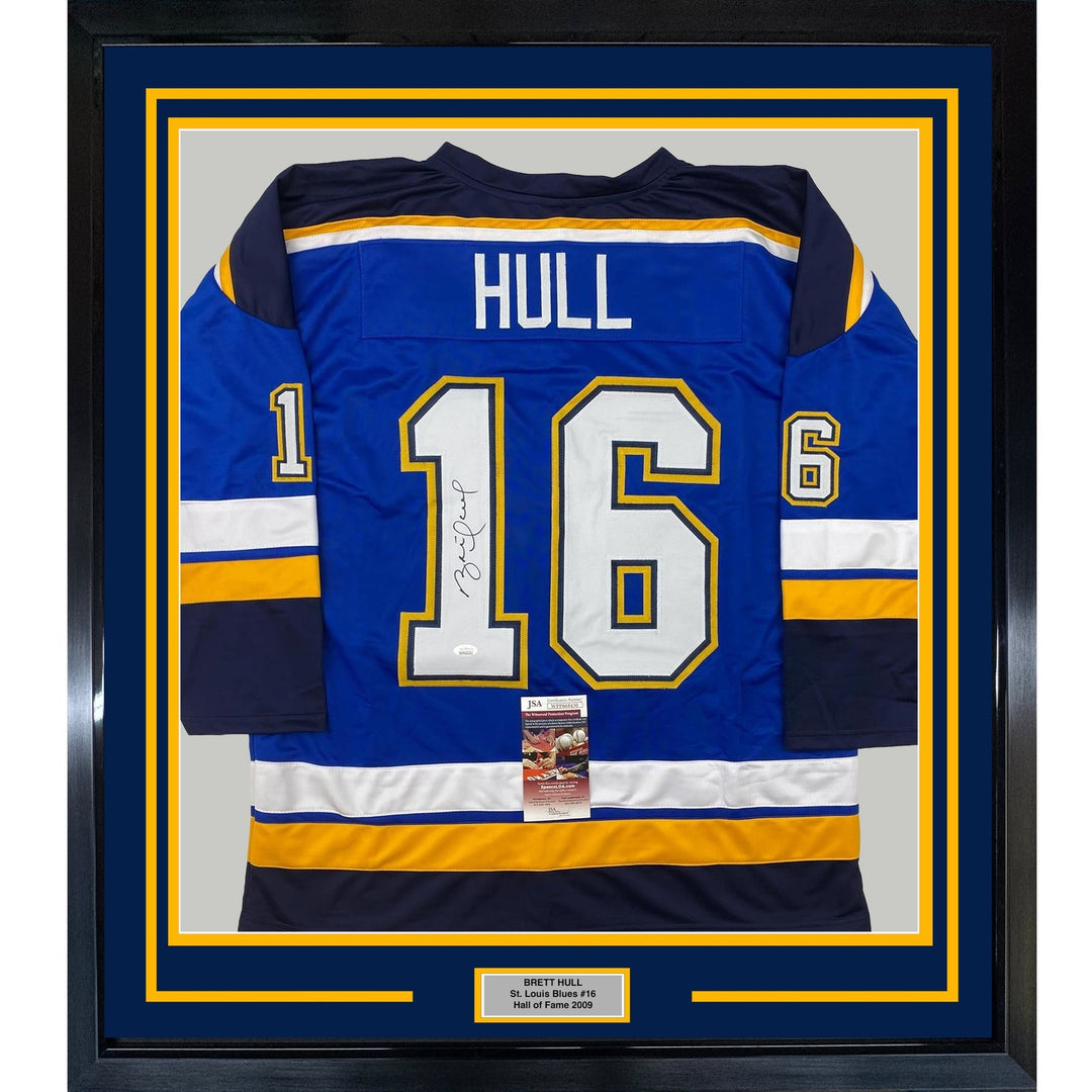 Framed Autographed/Signed Brett Hull 33x42 St. Louis Blue Jersey JSA COA