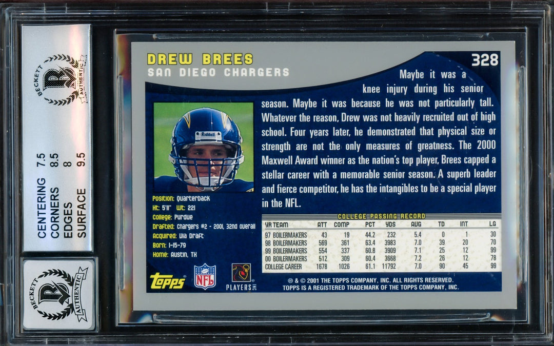 Drew Brees Signed 2001 Topps RC 328 San Diego Chargers BGS 8 Auto GM 10 Beckett