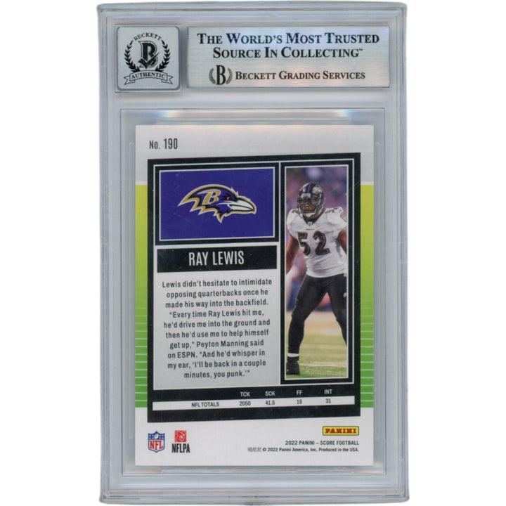 Ray Lewis Autographed/Signed 2022 Score #190 Slabbed Trading Card Beckett 50028