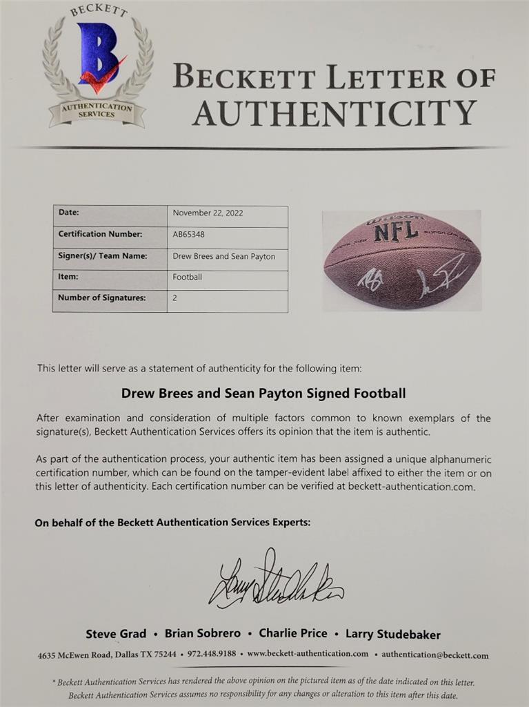 Drew Brees + Sean Payton signed NFL Replica Football Saints ~ Beckett BAS LOA