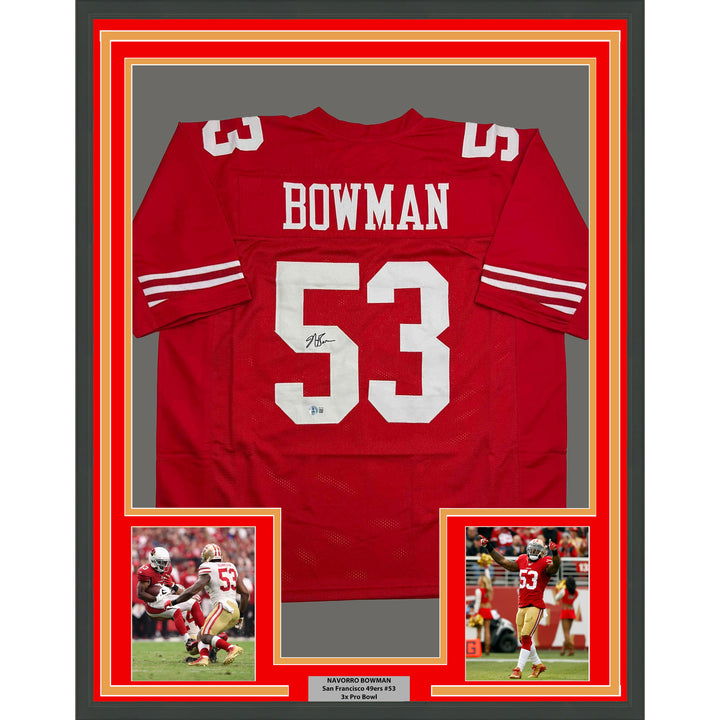 Framed Autographed/Signed NaVorro Bowman 35x39 SF Red Jersey Beckett BAS COA