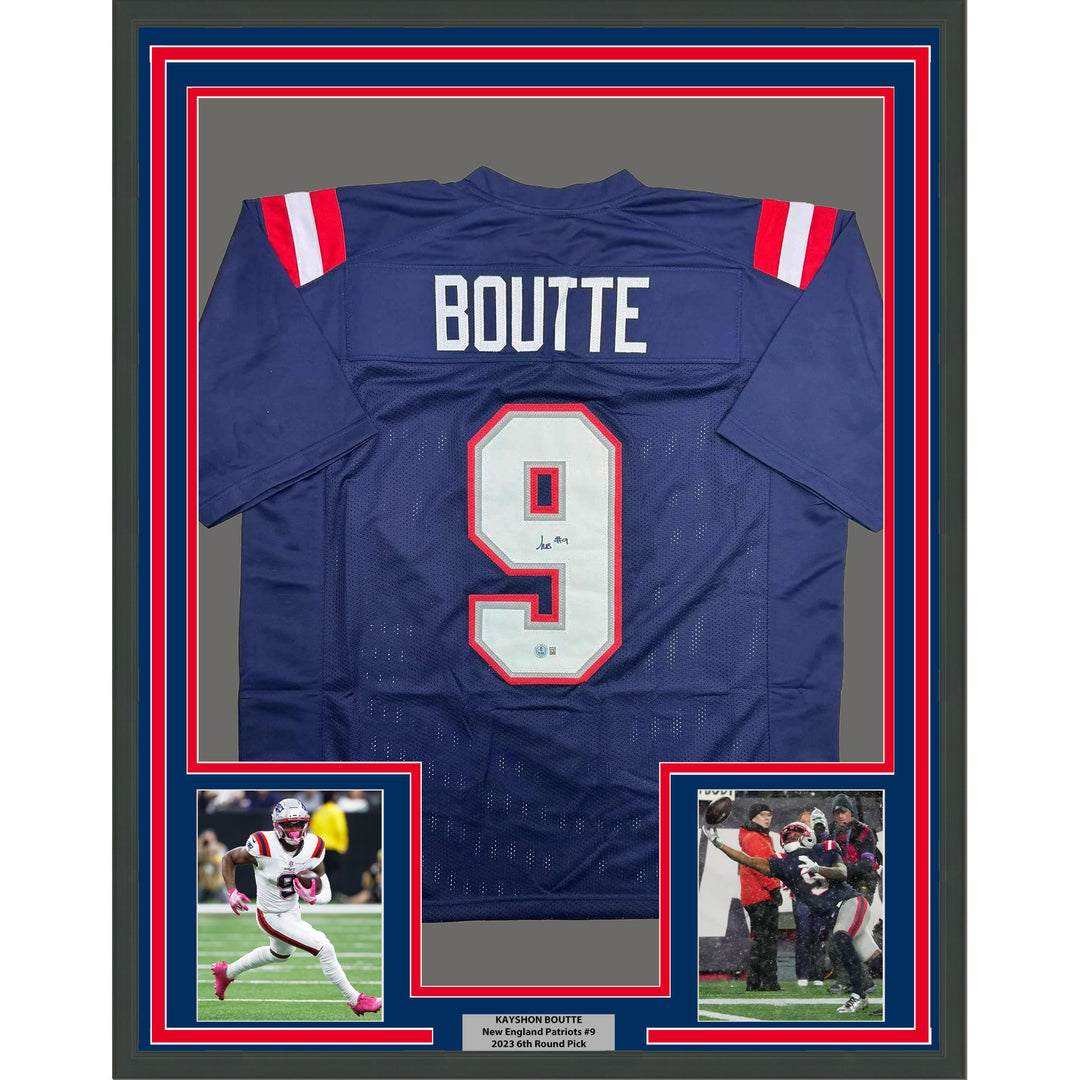 Framed Autographed/Signed Kayshon Boutte 35x39 New England Blue Jersey BAS COA