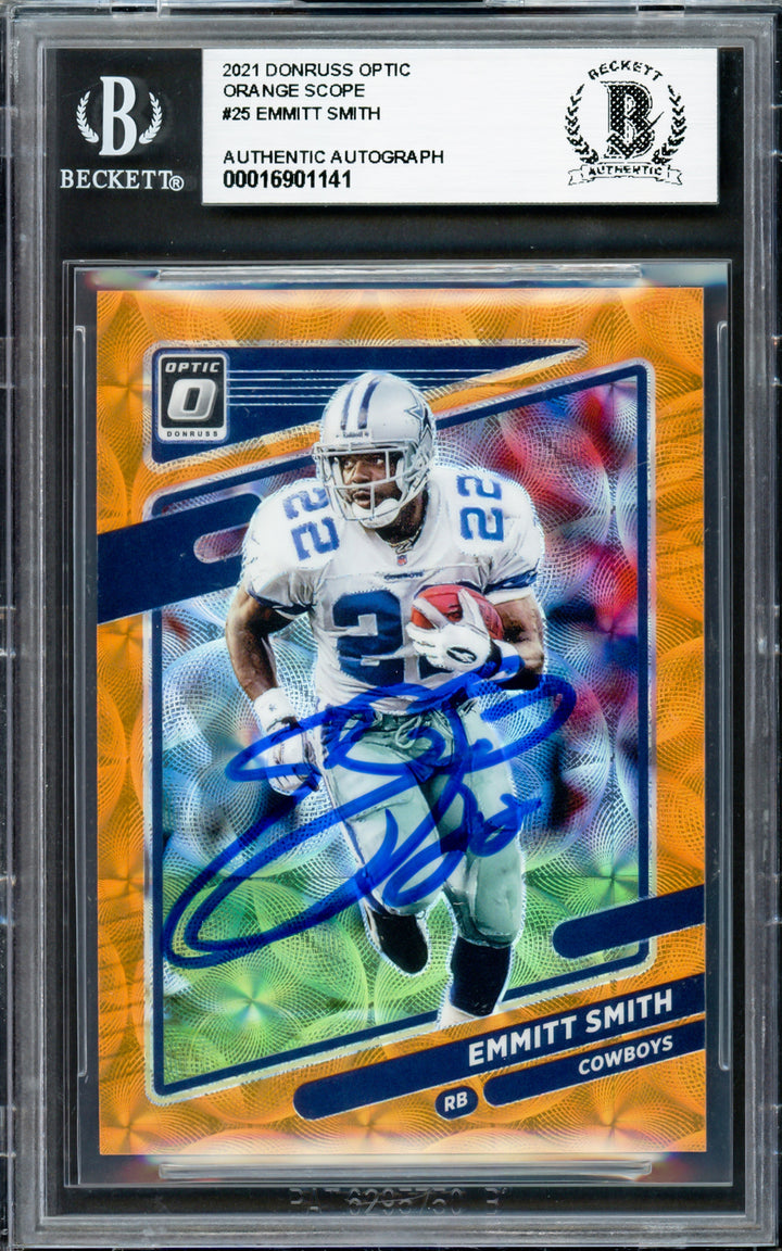 Emmitt Smith Auto 2021 Donruss Optic Orange Scope Card 25 Cowboys 35/79 Beckett