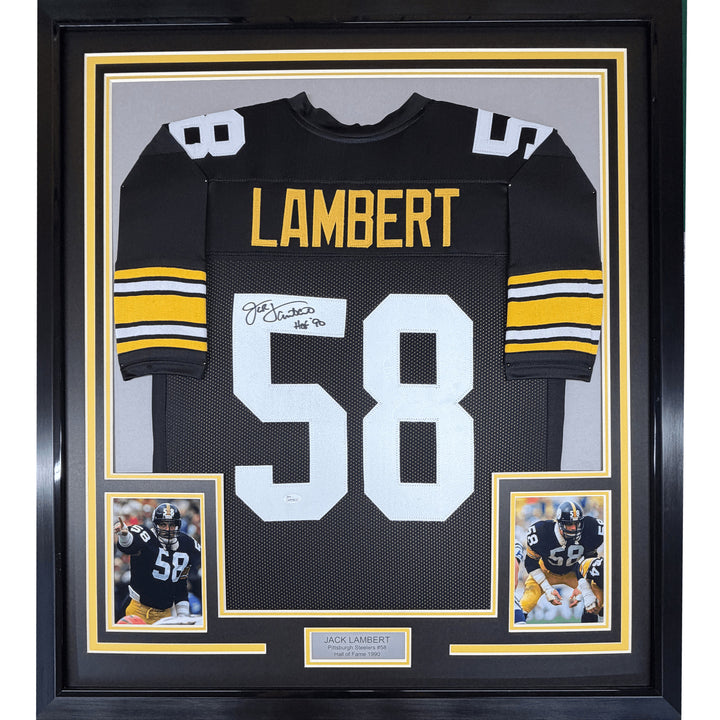 Framed Autographed/Signed Jack Lambert 35x39 HOF 90 Black Jersey JSA COA