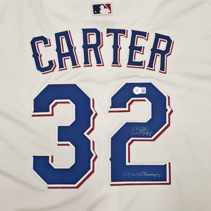 Rangers Evan Carter Signed White Nike Jersey Size XL "23 WS Champs" Beckett Wit
