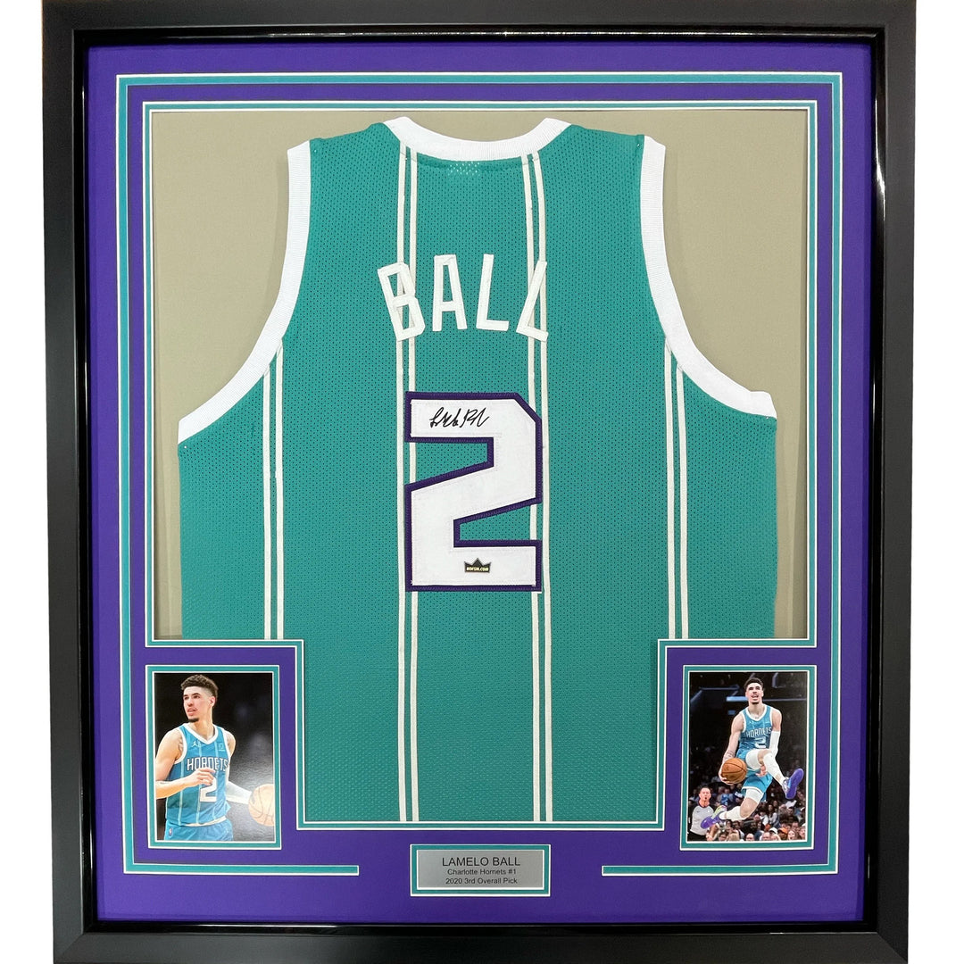 Framed Facsimile Autographed LaMelo Ball 33x42 #2 Teal Reprint Laser Auto Jersey