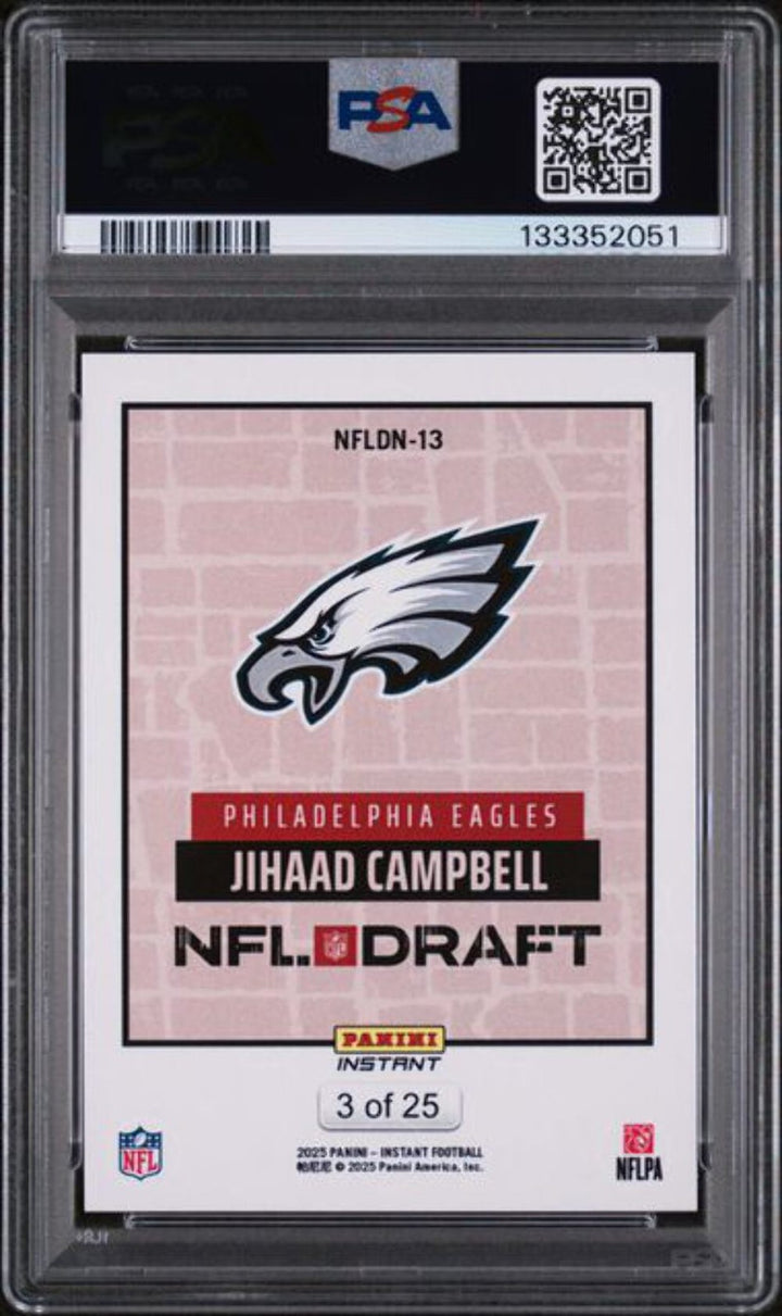 Graded 2025 Panini Instant DN Beige Jihaad Campbell #NFLDN13 /25 RC Card PSA 9