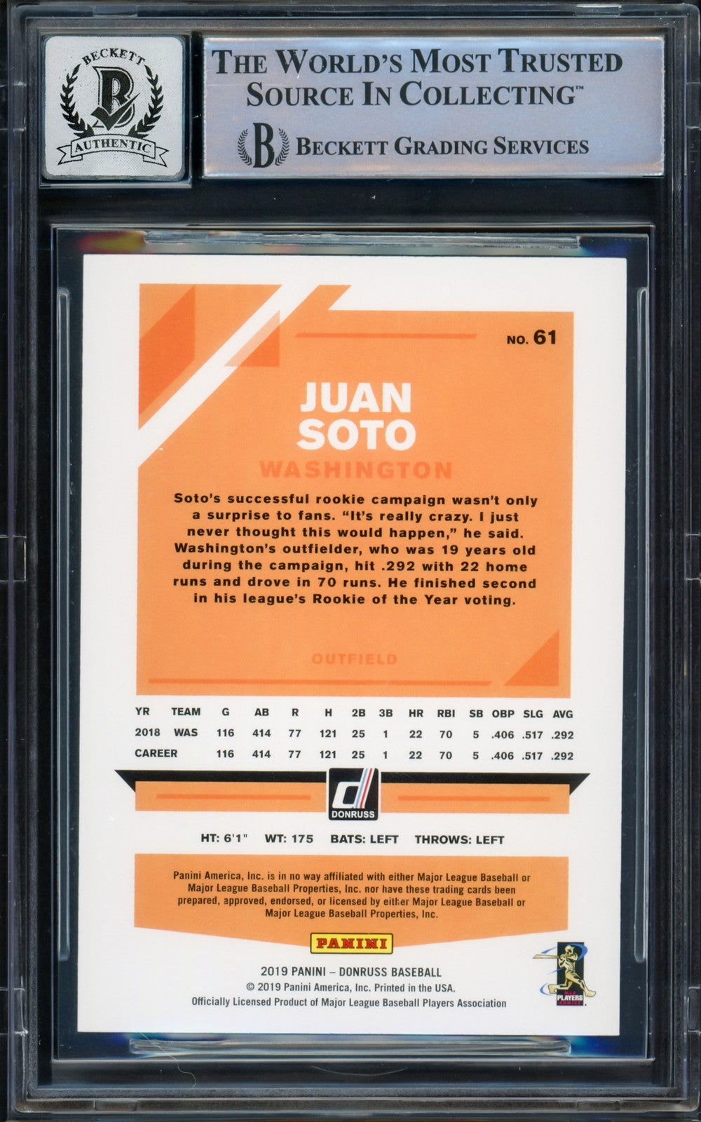 Juan Soto Auto 2019 Donruss Variation Card 61 Mets Auto GM 10 Beckett #16544362