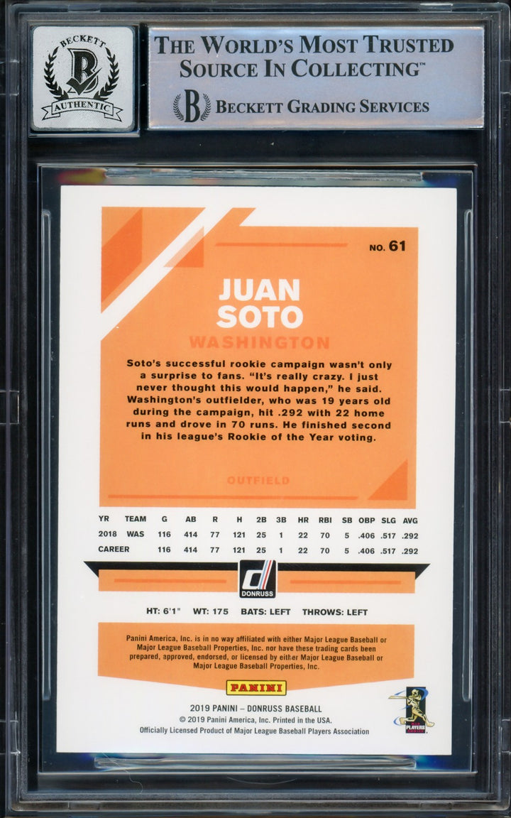 Juan Soto Auto 2019 Donruss Variation Card 61 Mets Auto GM 10 Beckett #16544362