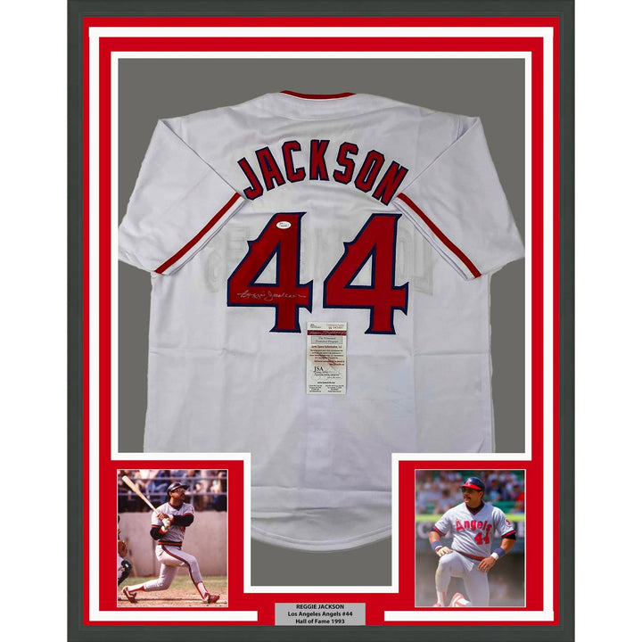 Framed Autographed/Signed Reggie Jackson 35x39 LA White Jersey JSA COA
