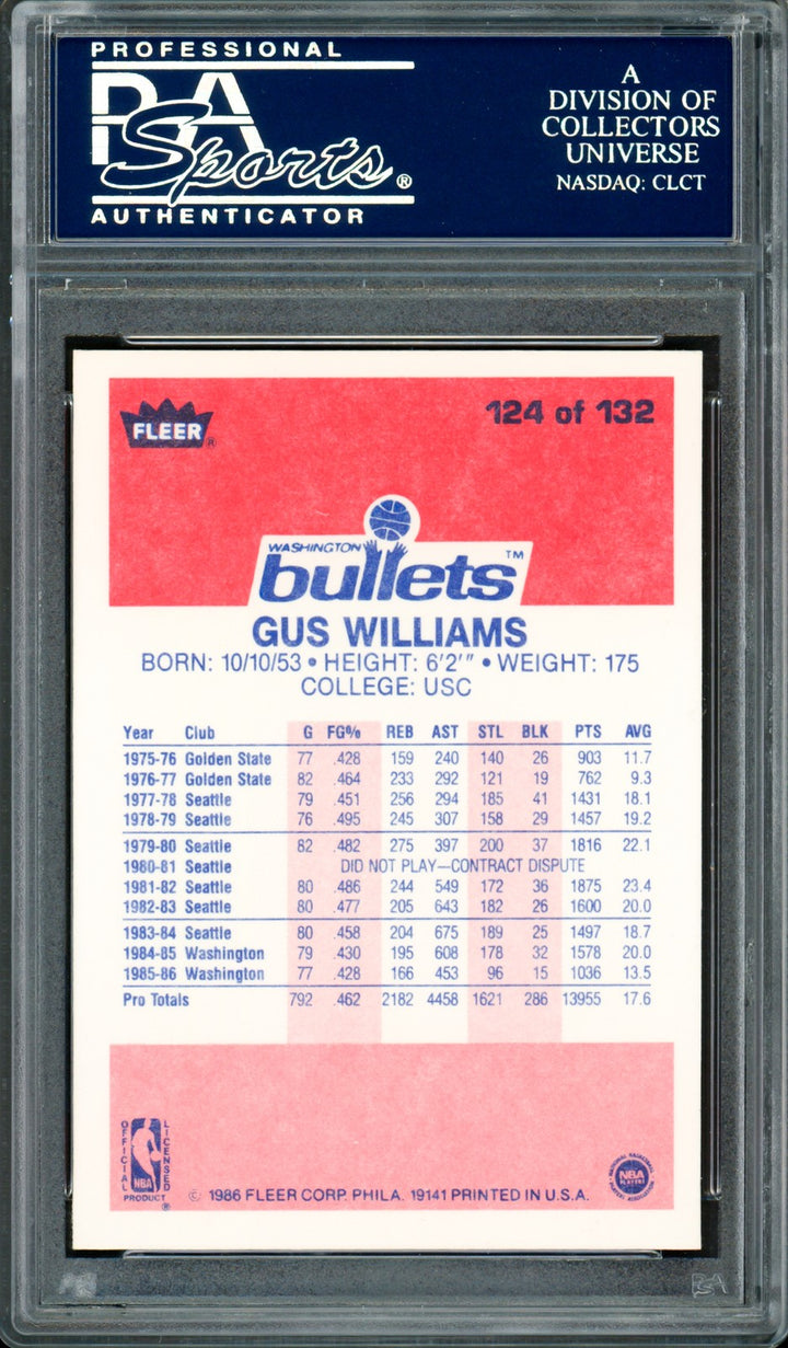 Gus Williams Signed 1986-87 Fleer Card #124 Washington Bullets PSA/DNA #83921060