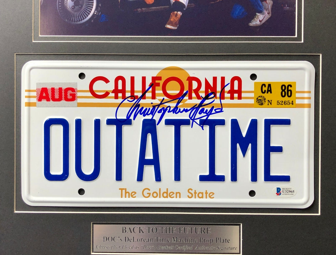 Back to the Future Signed Christopher Lloyd Movie Car License Plate Framed BAS