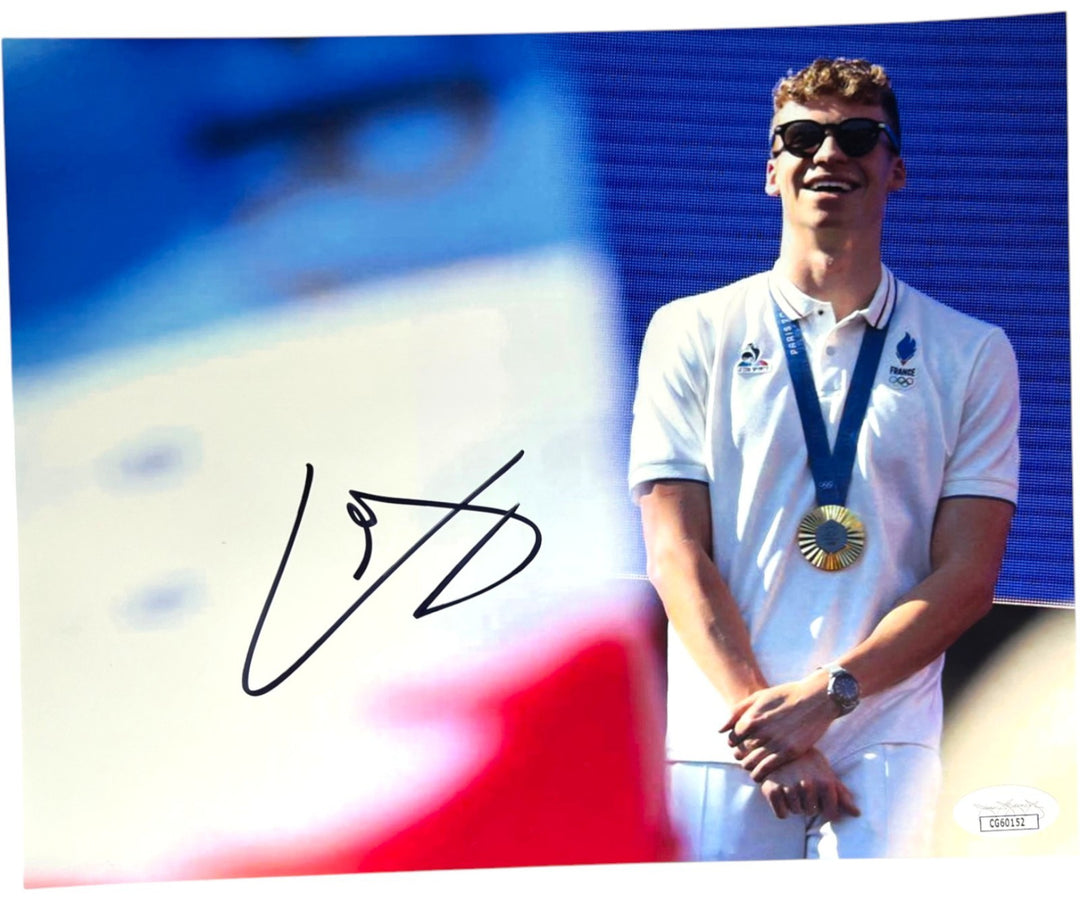 LEON MARCHAND SIGNED 8X10 PHOTO 2024 PARIS OLYMPICS GOLD SWIMMING FRANCE JSA !!
