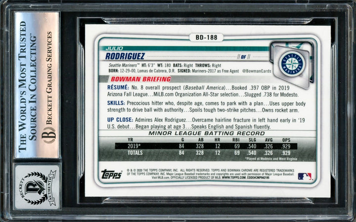 Julio Rodriguez Auto 2020 Bowman Chrome Draft Card BD188 Mariners Sig 10 Beckett