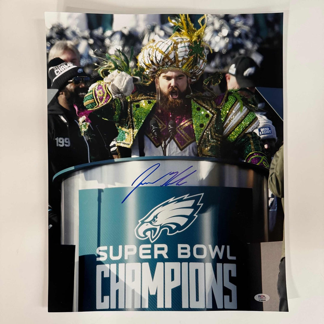Autographed/Signed Jason Kelce Super Bowl Parade Speech 16x20 Photo PSA COA