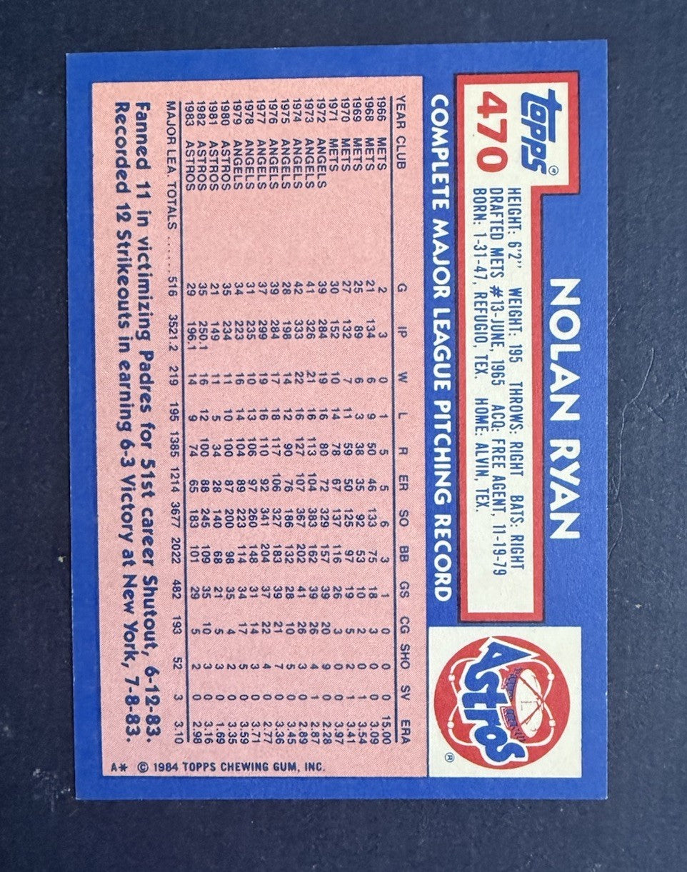 1984 topps tiffany #470 nolan ryan glossy SP card Nm - Mint Centered Rare