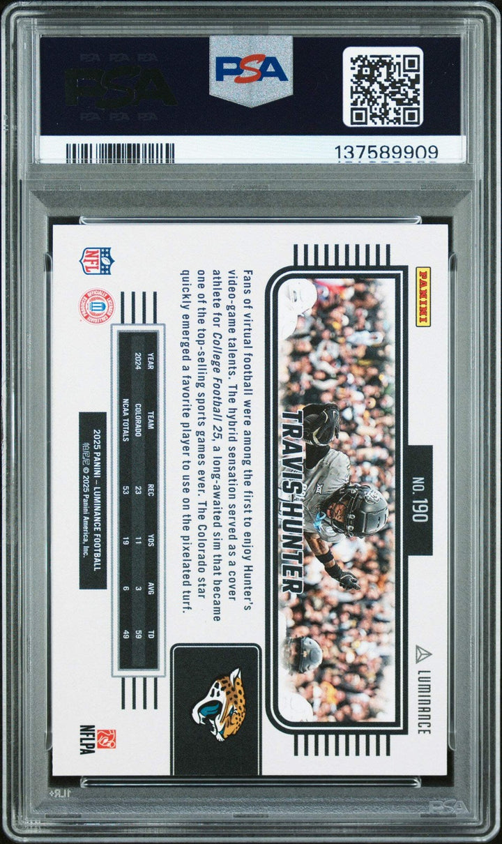 Graded 2025 Panini Luminance Travis Hunter #190 Rookie RC Card PSA 10 Gem Mint