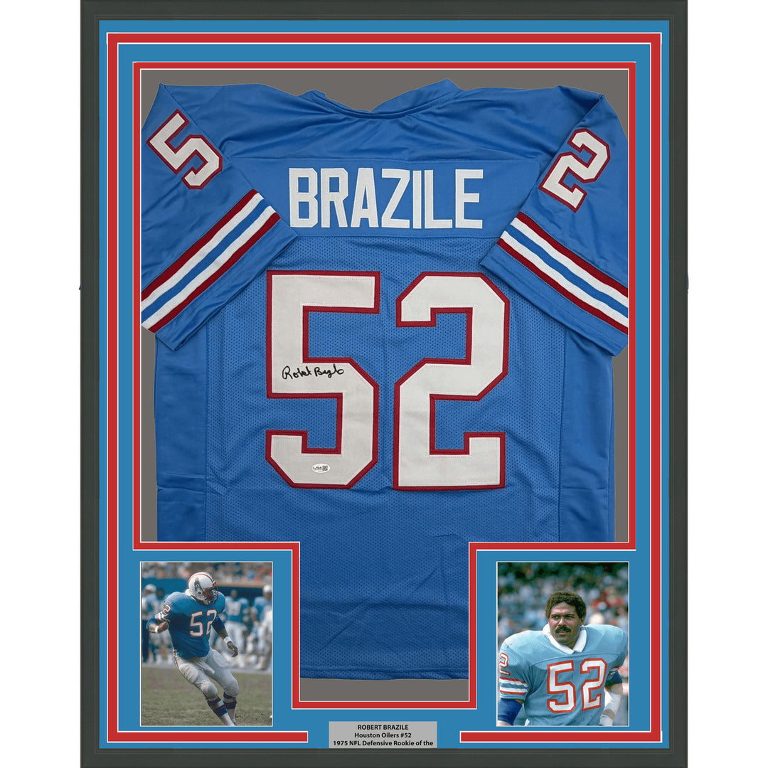 Framed Autographed/Signed Robert Brazile 35x39 Houston Blue Jersey JSA COA
