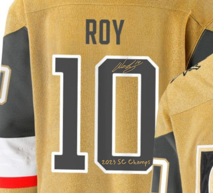 Nicolas Roy Signed Vegas Golden Knights Gold Jersey Inscribed Champs IGM COA