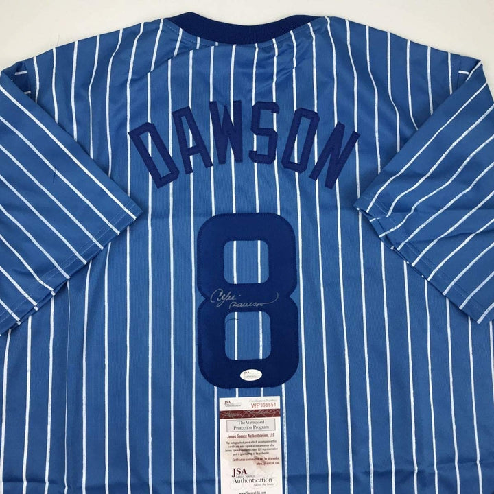 Autographed/Signed Andre Dawson Chicago Blue Pinstripe Jersey JSA COA