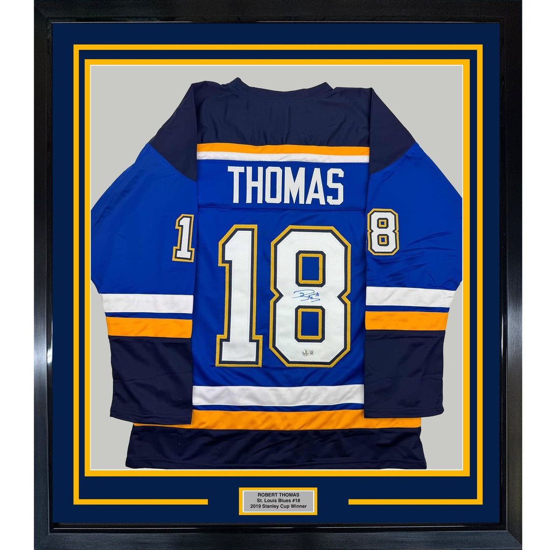 Framed Autographed/Signed Robert Thomas 35x39 St. Louis Blue Jersey BAS COA