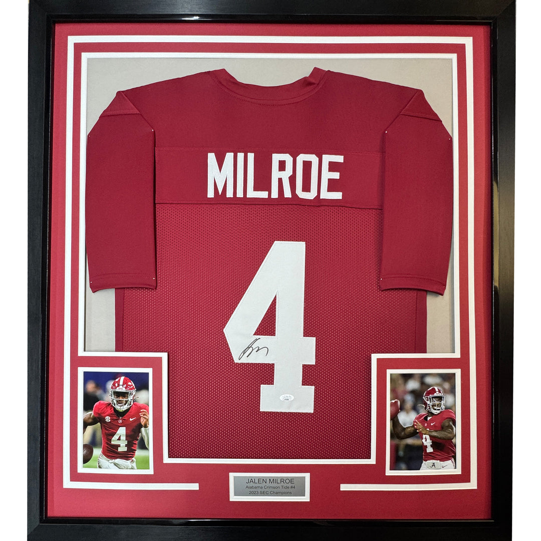 Framed Autographed/Signed Jalen Milroe 35x39 Alabama Red Football Jersey JSA COA