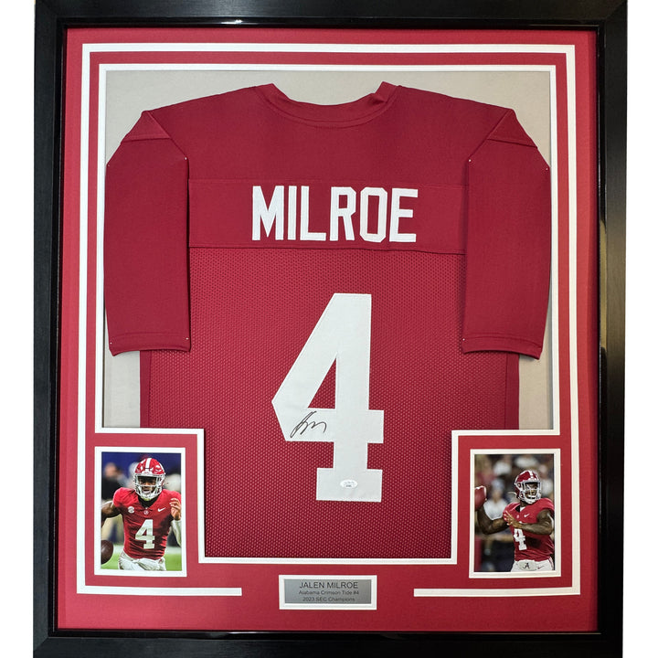 Framed Autographed/Signed Jalen Milroe 35x39 Alabama Red Football Jersey JSA COA