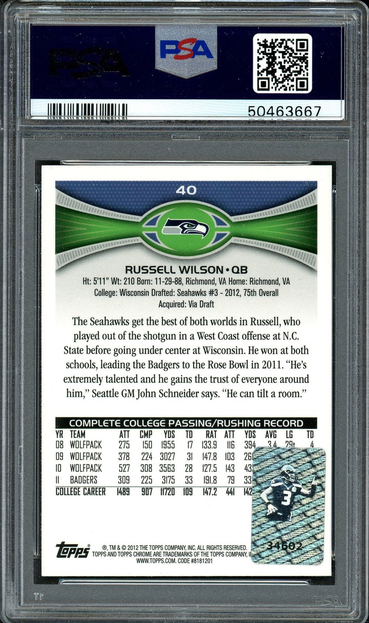 Russell Wilson Auto Signed 2012 Topps Chrome RC 40 Seahawks Card NM-MT 8 PSA/DNA