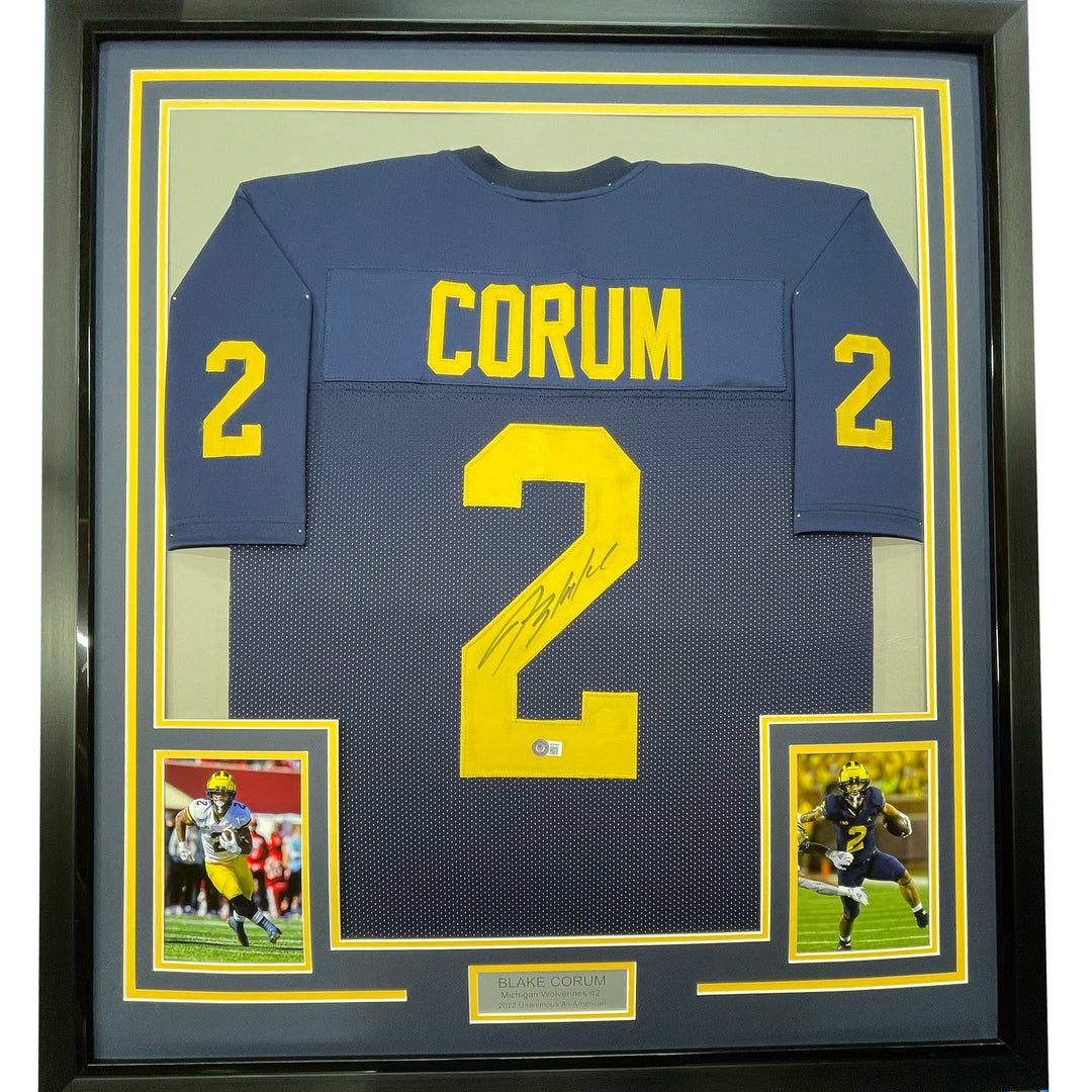 Framed Autographed/Signed Blake Corum 35x39 Michigan Blue Jersey BAS COA