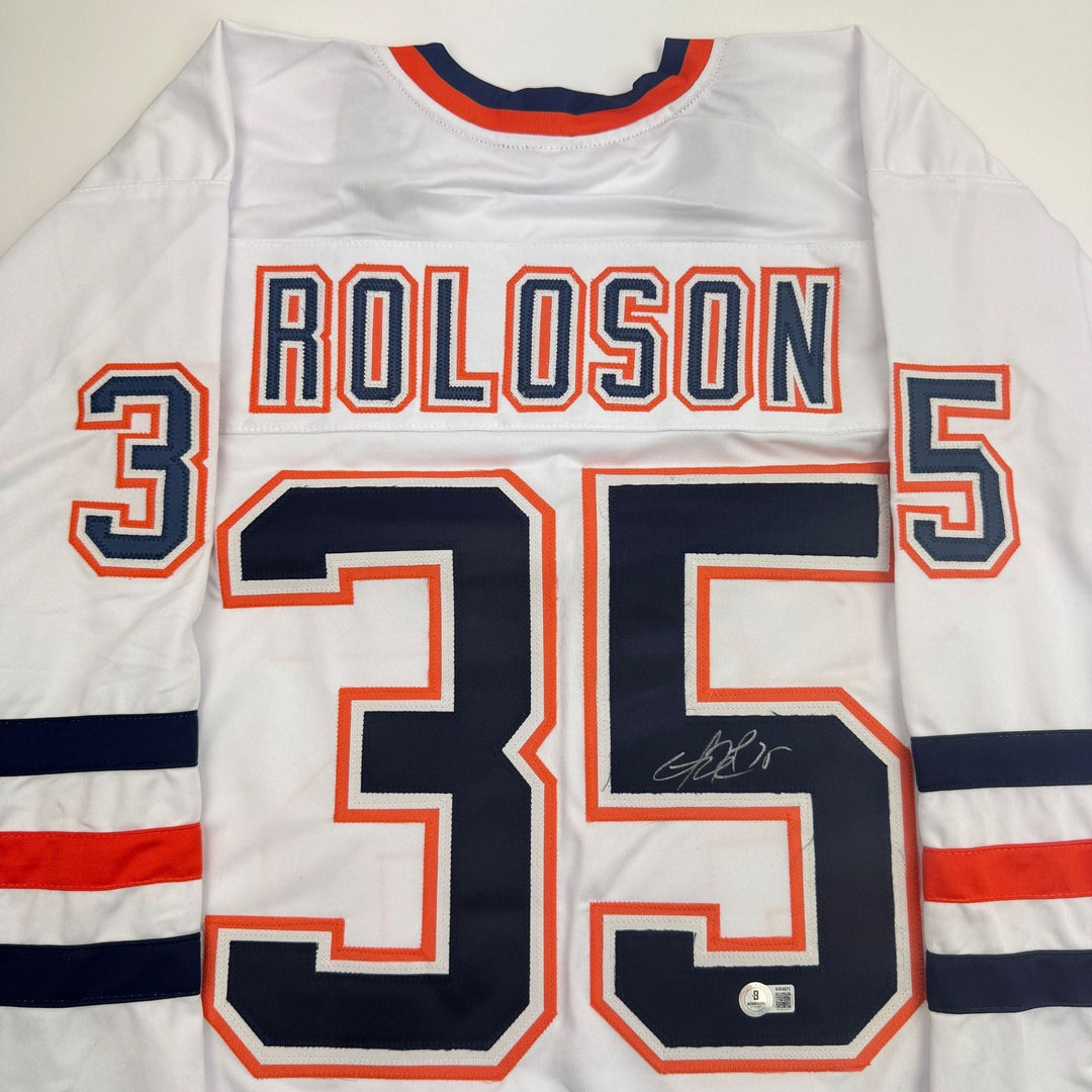 Autographed/Signed Dwayne Roloson Edmonton White Jersey Beckett BAS COA