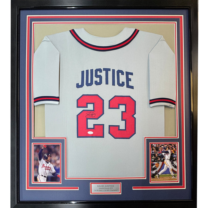 Framed Autographed/Signed David Justice 33x42 Atlanta Grey Jersey JSA COA