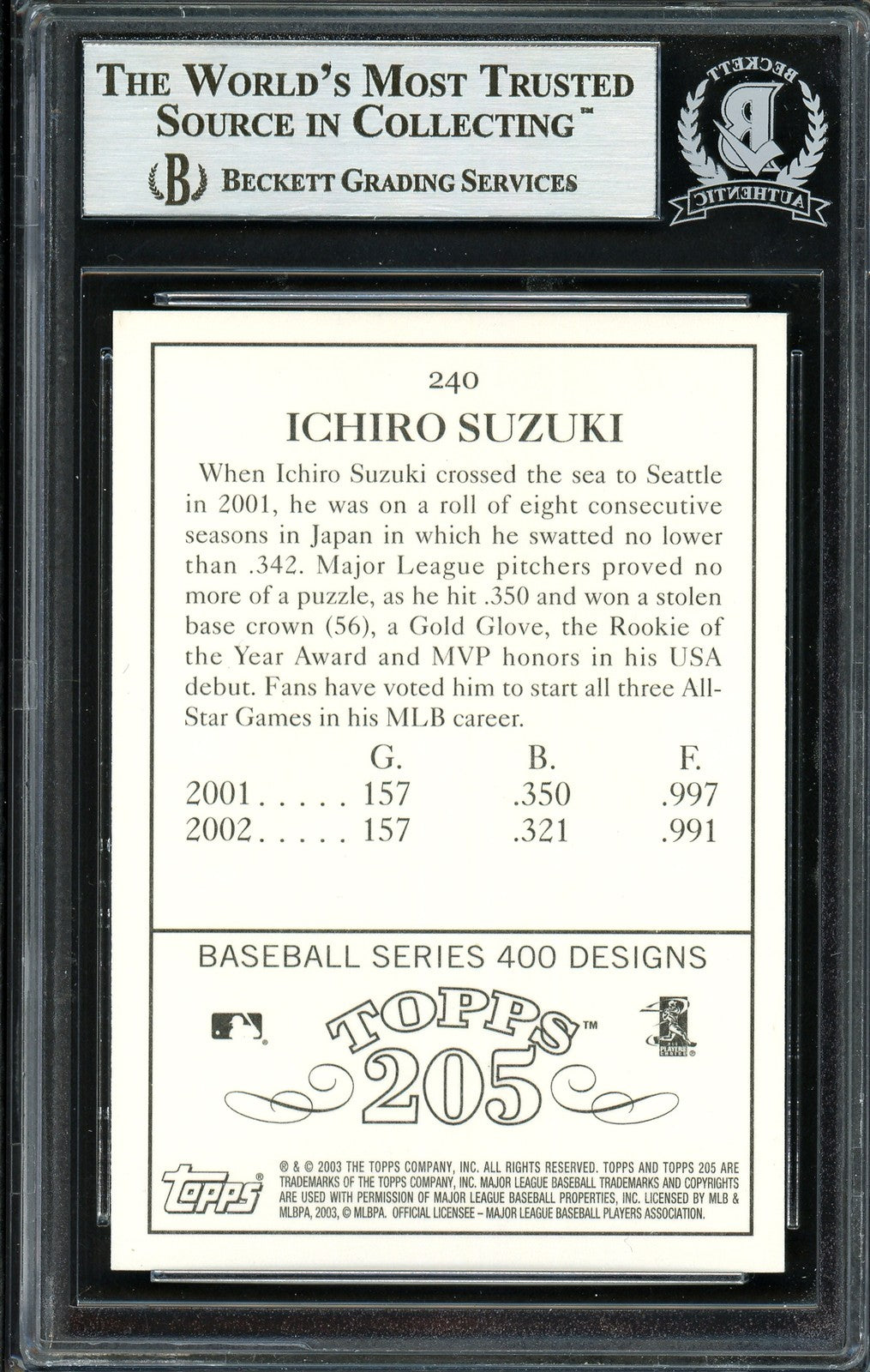 Ichiro Suzuki Signed 2003 Topps 205 Card #240 Seattle Mariners Beckett BAS