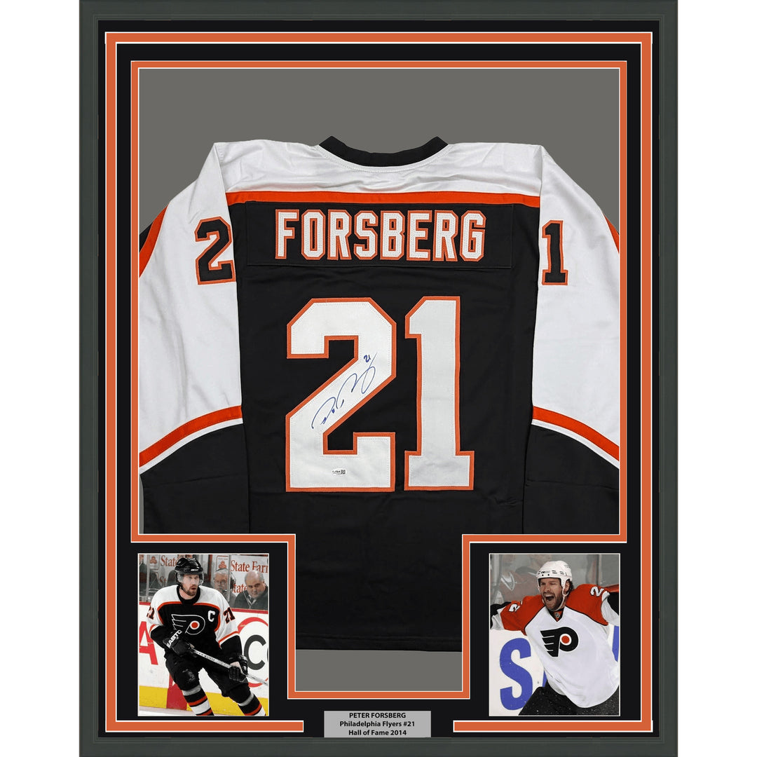 Framed Autographed Peter Forsberg 35x39 Philadelphia Black Jersey JSA COA