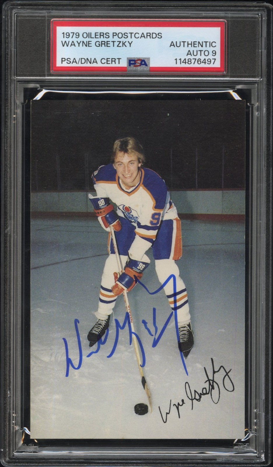 WAYNE GRETZKY SIGNED 1979 EDMONTON OILERS POSTCARD ROOKIE RC PSA AUTO 9